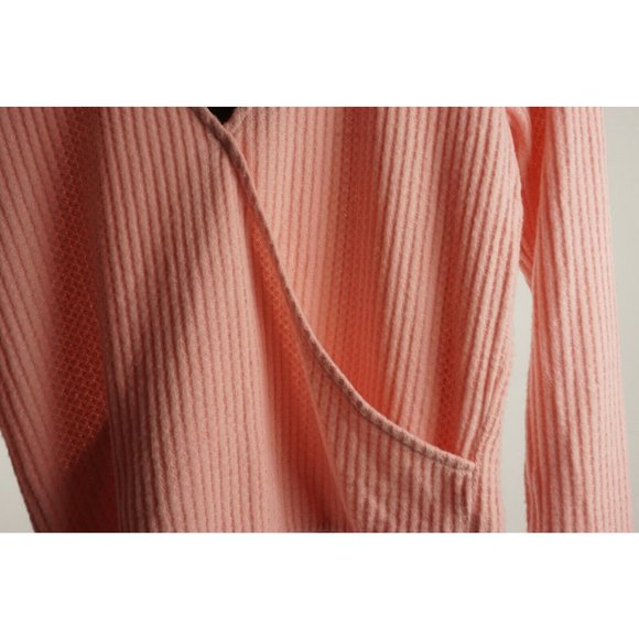 New Gibson Women's Small Pink Brushed Waffle Drape Faux Wrap Surplice V-Neck Top - Picture 7 of 10